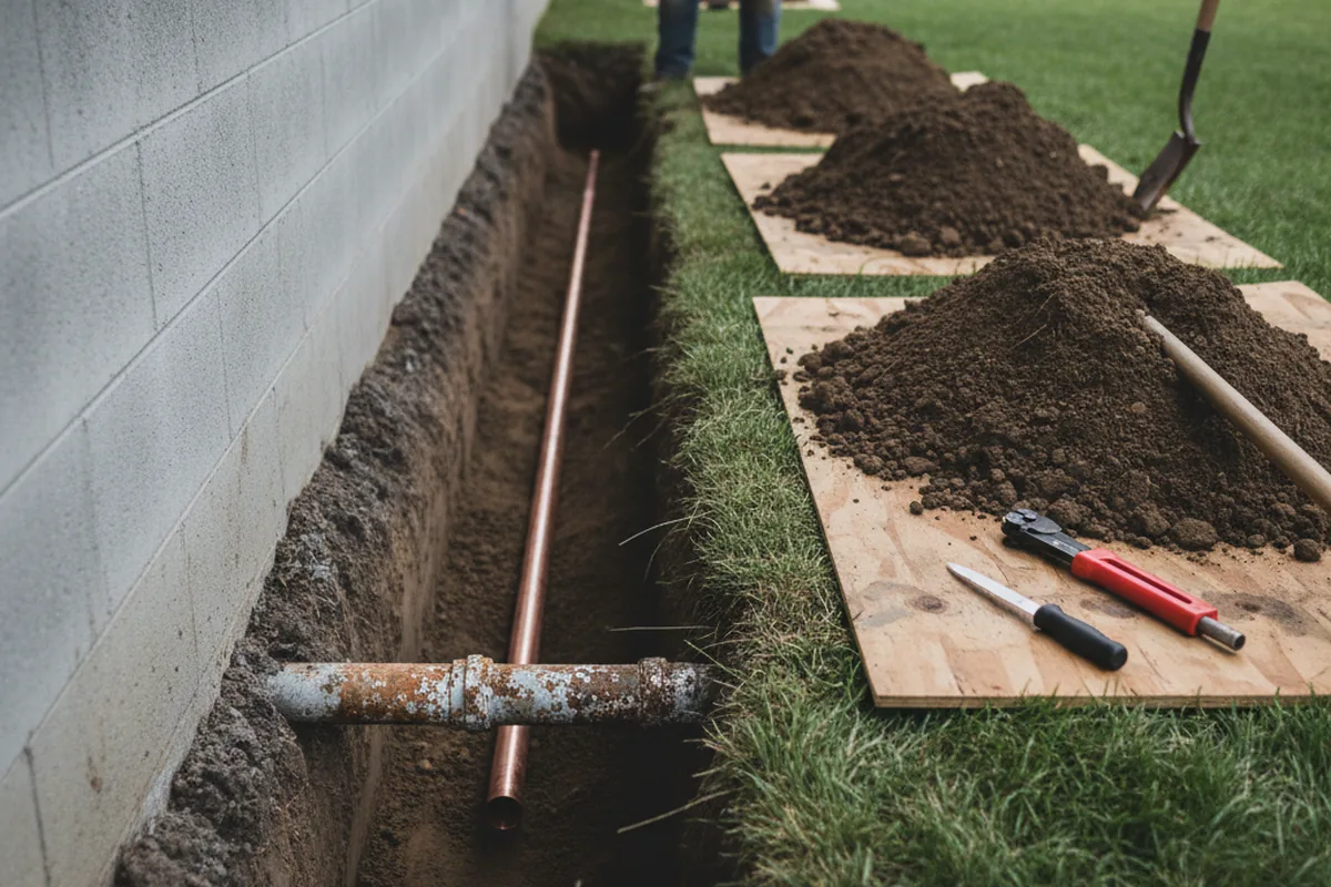 Excavated water line trench during Water Softener Installation in Hawthorne
